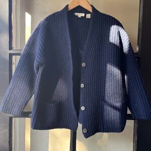 Beautiful 90’s Ann Taylor Navy Blue Thick Wool Fisherman Cardigan Sweater AS IS